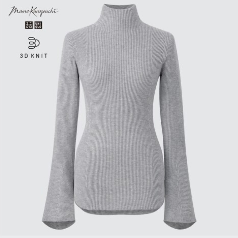 Mame Kurogouchi 3D Knit Ribbed High Neck Long Sleeve Sweater Ribbed Top